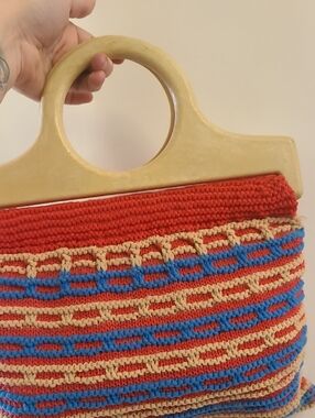 Handmade Crochet Tote Bag with Wooden Handles - Red, Blue & Cream